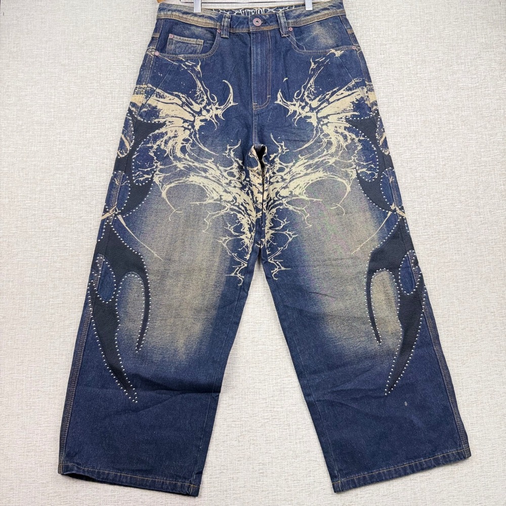 Vitriol Mens 32x 29 Baggy Gothic Wing Graphic Studded Wide Leg Jeans Blue S